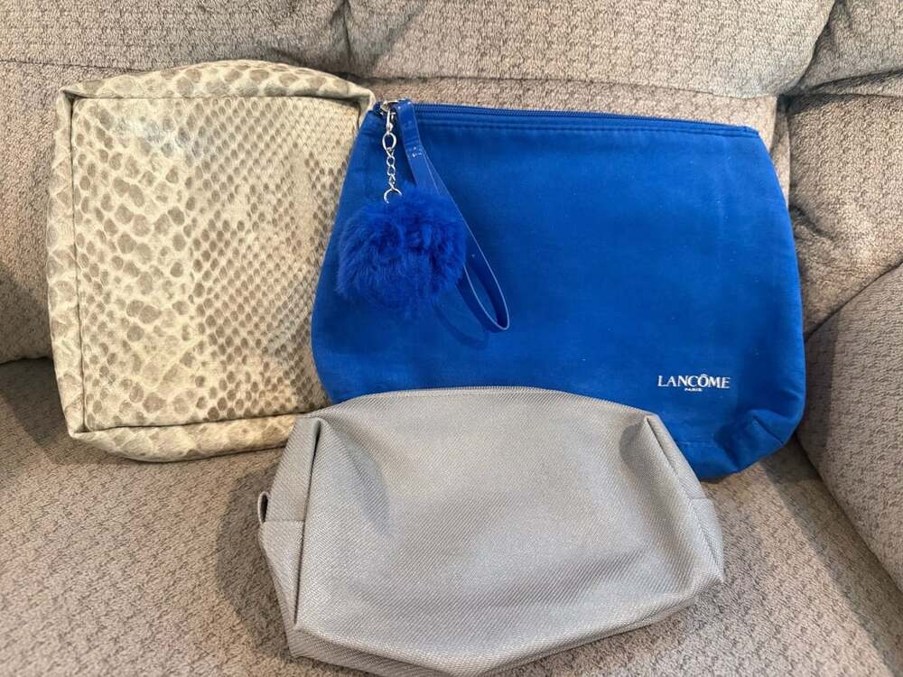 Lancôme Blue Cosmetic Makeup Travel Bag Pouch With Pom Pom bundle lot of 3